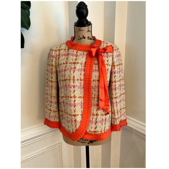 J.Crew Collection multi rainbow confetti tweed pleated ribbon trim blazer